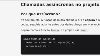 Laboratório do beGood com a barra "Entendendo async/await no seu projeto" no topo, o título "Chamadas assíncronas no projeto", a pergunta "Por que assíncrono?", um parágrafo explicando que a função de busca chama a API e espera a resposta, e um bloco de código em fundo escuro com a função buscar do próprio projeto.