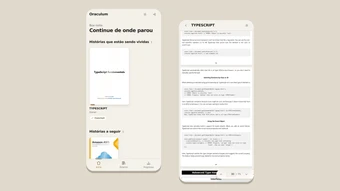 Duas telas de celular lado a lado sobre fundo bege. Na primeira, o acervo do Oraculum com a saudação "Boa noite", o título "Continue de onde parou", a capa de um livro de TypeScript em leitura e a barra de abas Início, Estante e Progresso. Na segunda, o leitor aberto no mesmo livro, com o texto ocupando a largura inteira da tela.