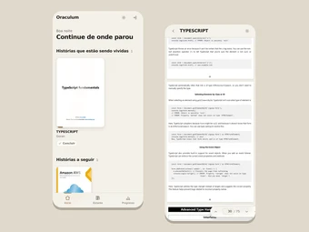 Duas telas de celular lado a lado sobre fundo bege. Na primeira, o acervo do Oraculum com a saudação "Boa noite", o título "Continue de onde parou", a capa de um livro de TypeScript em leitura e a barra de abas Início, Estante e Progresso. Na segunda, o leitor aberto no mesmo livro, com o texto ocupando a largura inteira da tela.